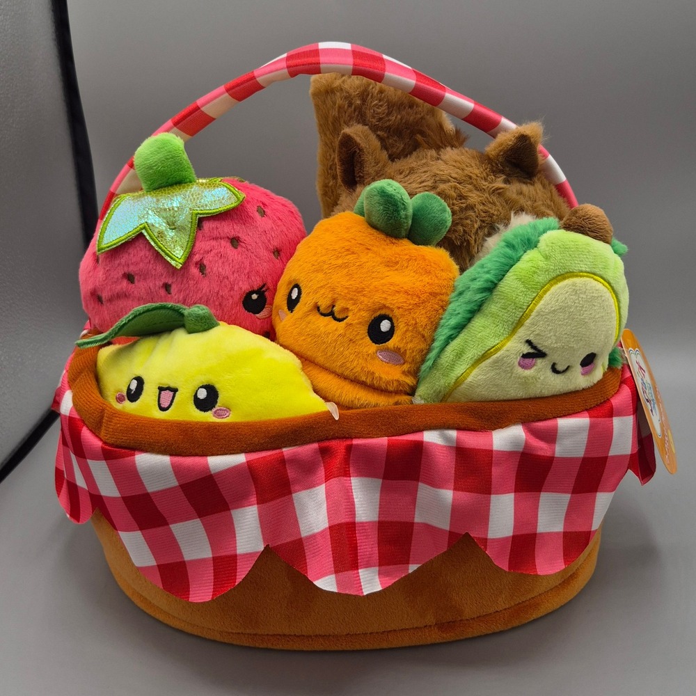 Spark Create Imagine 7-Piece Plush Picnic Basket Set Fruit Veggie Squirrel NEW